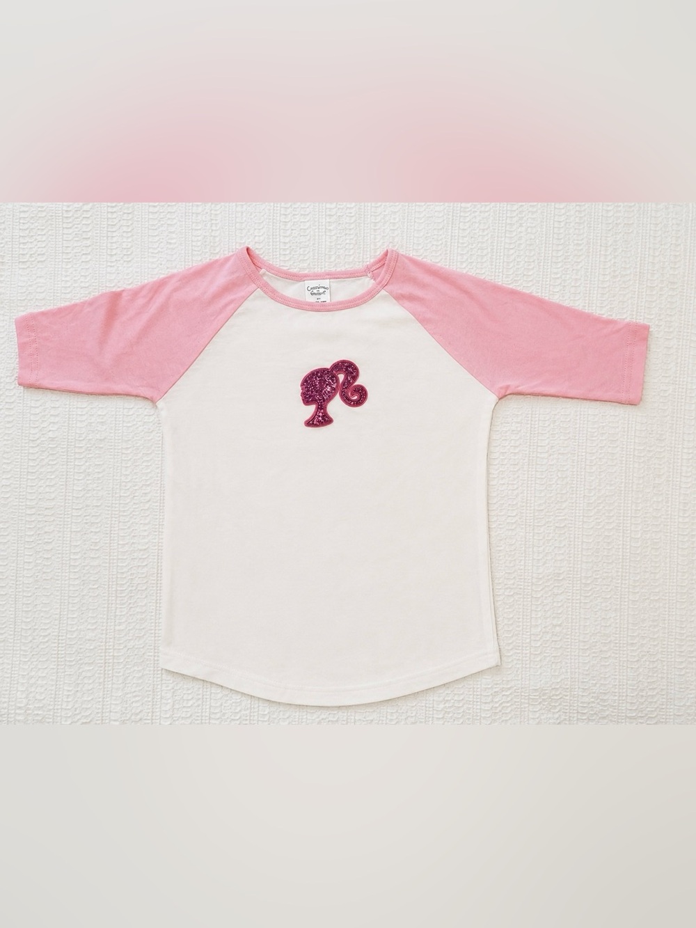 Barbie White Tee with Pink Raglan Sleeves and Glitter Logo